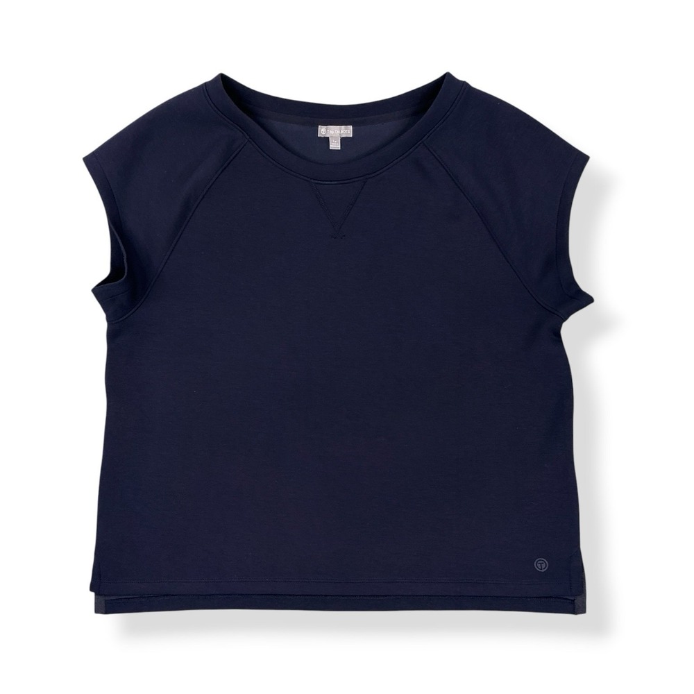 Talbots Top Women Large Petite Blue Boxy Loose Scuba Short Sleeve Athleisure